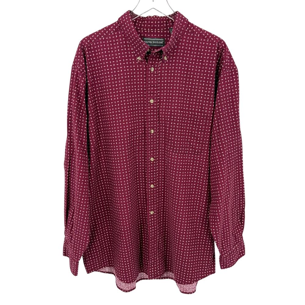 David Taylor Mens 2XLT Long Sleeve Button Front Shirt Burgundy Cream Print